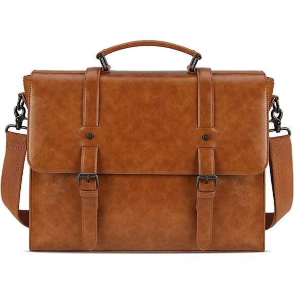 Leather Mens Messenger Bag Vintage 15.6 Inch Waterproof Leather Laptop Briefcase
